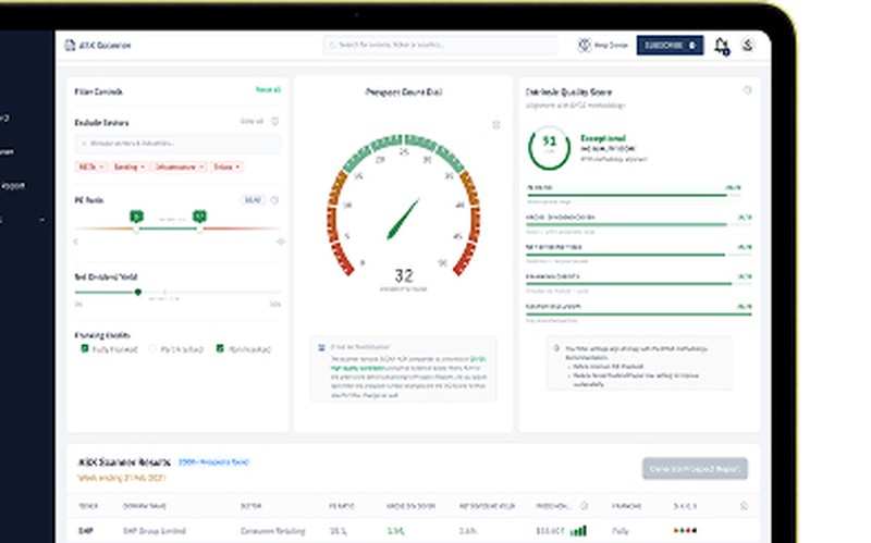 ASX Scanner with filters, prospect dial, and results table